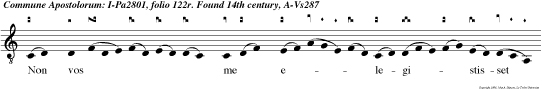 Non vos me elegistisset ego vos elegi
et posui vos ut eatis et frucafferatis et fructus
vester maneat. Alleluia. Per manum autem
apostolorum fiebant signa et prodigia multa in
plebe. Alleluia. Primus ad Sion dicet ecce ad sum
et Jerusalem evangelistam dabo.