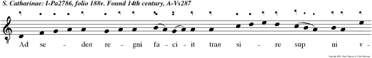Ad seden regni faciit tran sire sup ni
vgo foven meritis nos katherina suis Alle luya.
Magnifi cat e u o u a e. Ad seden regni facut tran
sire suri. vir go foven meritis nos katherina suis
Alleluya. Magnificat e u o u a e.