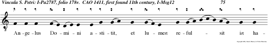 Angelus Domini astitit, et lumen refulsit in habitaculo carceris per cussoque latere Petri excitavit eum dicen Sur ge velociter. Et continuo ceciderun catenae de manibus ejus.
