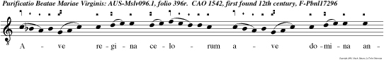 A ve regina celo rum a ve domina angelo rum salve radix sancta ex qua mundo lux et or ta gaude gloriosa super omnes specio sa vale valde decora et pro no bis semper christum exo ra.