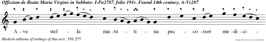 Ave stella matutina peccorum medici
na mundi prin ceps et regina sola virgo digna dici
con tra tela inimici clippeum pone salu tis tue ti
tulum virtutis o  sponsa dei electa esto nobis via
rec ta ad eterna gaudi a. Benedic tus e u o u a
e.