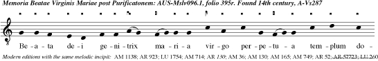 Beata dei genitrix maria virgo
perpetua templum domini sacrarium spiritus sancti
sola sine exemplo placuisti domino Jesu Christo
ora pro populo interveni pro clero intercede pro
devoto femineo seru alleluya alleluya.
