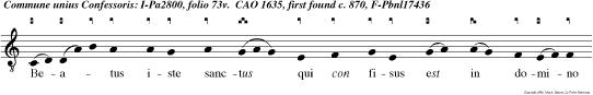 Beatus iste sanctus qui con fisus est in domino pre dicavit pre ceptum domini con stitutus est in mon te san cto eius. Quare fre. e u o u a e.