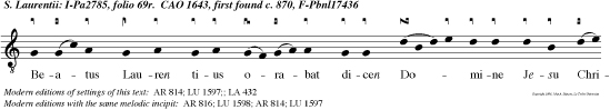 Beatus Lauren tius orabat dicen Domine Jesu Christe, Deus de Deo, miserere mihi servo tuo.