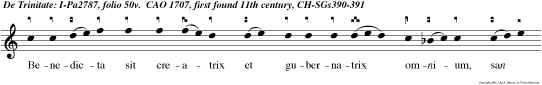 Benedicta sit creatrix et gubernatrix omnium, san ta et individua Trinitas, et nun et semper et per in finita saeculorum saecula.