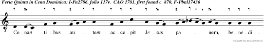 Cenan tibus autem accepit Jesus panem, benedixit ac fregit, dedit discipulis suis.