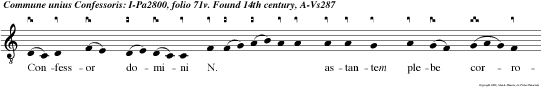 Confessor domini N. astantem plebe
corrobora san ta  intercessione ut qui vitiorum
pondere premimur beatitudinis tue gloria sub
levemur et te duce eter na pre mia consequa mur.
mag. e u o u a e.