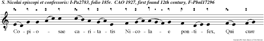 Copiosae caritatis Nicolae pontifex, Qui cum Deo gloriaris in coeli palatio, Condescende, supplicamus, ad te suspirantibus Ut exutos gravi car ne pertrahas ad superos.