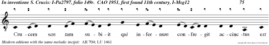 Crucem san tam subiit qui infernum confregit accinctus est potentia surrexit die tertie alle luya. e u o u a e.