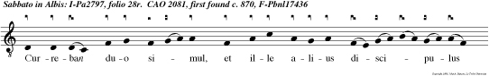 Curreban duo simul, et ille alius discipulus prae cucurrit citius Petro, et venit prior ad monumen tum, alleluia.