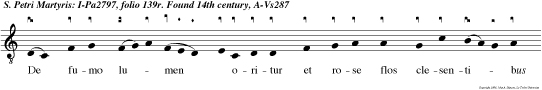 De fumo lumen  oritur et rose flos
clesentibus doctor et mar tir nascitur petrus de
infidelibus alleluya. beatus. e e. Predicatorum
ordinis militan in acie nun l5con iun tus est
agmini celestis militie alleluya Qua.wba e  e.
Mens fuit angelica lingua fruct uosa vi ta
apostolica mors quam pretiosa alleluya. domine
quro e u o u a e.