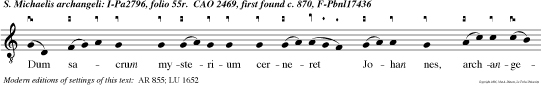 Dum sacrum mysterium cerneret Johan nes, archangelus Michael tuba cecinit, Dignus es, Domine Deus noste accipere librum et solvere signacula ejus, alleluia.