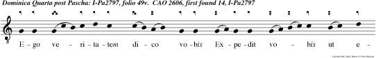 Ego veritatem dico vobis Expedit vobis ut ego vadam si enim non abiero, Paraclitus non veniet, alleluia. Ille me clarificabit, qui a de meo accipiet, et annun tiabit vobis alleluia.