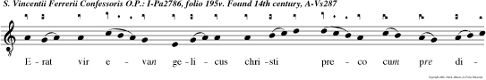 Erat vir evan gelicus christi preco cum pre di cat dux illius dominicus in terris ipsum pre dicat alleluya e u o u ae.