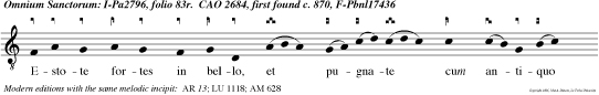 Estote fortes in bello, et pugnate cum antiquo serpente, et accipietis regnum aeternum alleluia.