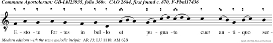 Estote fortes in bello et pugnate cum antiquo serpente et accipietis regnum eternum alleluia. Dicit dominus. e u o u a e.