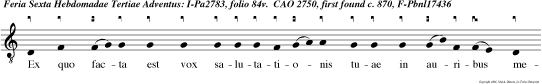Ex quo facta est vox salutationis tuae in auribus meis, exsul tavit in gaudio infans in utero meo, alleluia.