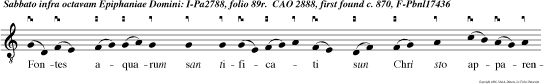 Fontes aquarum san tificati sun Chri sto apparente in gloria orbis terrarum Haurite aquas de fon te Salvatoris: san tificavit enim nun omnem creaturam Chri stu Deus noste