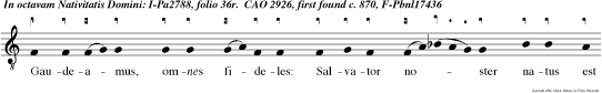 Gaudeamus, omnes fideles: Salvator noster natus est in mun do hodie processit proles magnifici ger minis, et perseverat pudor virginitatis.
