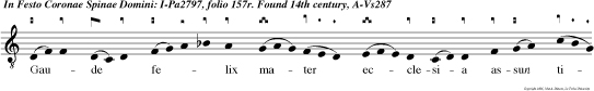 Gaude felix mater ecclesia assun ti bi nova solempnia nam corona quon dam ingloria nunc  per orbem refulget gloria ALle  luya.