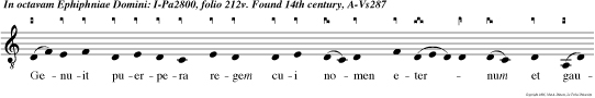 Genuit puerpera regem cui nomen eternum et gaudium matris haben  cum virginitatis honore nec primam similem visa est nec habere sequentem alleluya. habere sequentem Benedic tus e u o u a