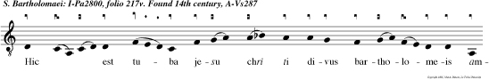 Hic   est tuba jesu chri ti divus
bartholomeis amgeli assistunt ei  indesessu redun
in amore dei post pluima suplicia cruci fixus
decoiatus e tade decollat nye in celesti glo  ria
exultat coronatis mag.