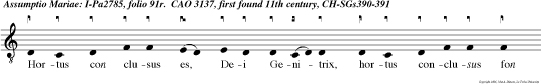 Hortus con clusus es, Dei Genitrix, hortus conclusus fon signatus surge, pro pera, amica mea, et veni.