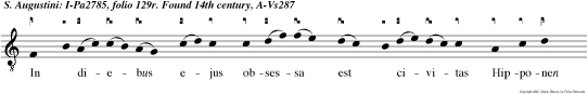 In  diebus ejus obsessa est  civitas
Hipponen sis ab ex ercitu barbarorum: inter quae
mala fuerun Augustino lacrimae suae pa nes die ac
nocte: atque sub hoc even tu ad extremam horam
veniens obdormivit in pace.