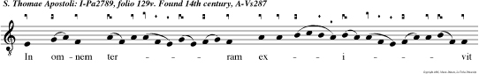 In omnem ter   ram ex i   vit sonus  eo rum      et in fines orbis terre   ver  ba eorum.  Celi enar           rant gloriam de        i et opera manuum e    jus     annun tiat  firmamentum