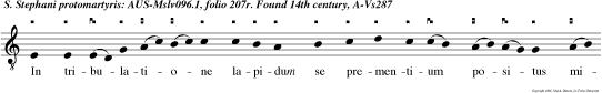 In tribulatione lapidum se prementium positus miila populi se circumdantis non timuit quia susceptorem suum Jesum ut eum salvum faceret exurgere in celo vidit.