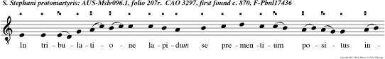 In tribulatione lapidum se prementium positus inilja populi se circundantis non timuit quia susceptorem suum jesum ut eum salvum faceret exvigere in celo vidit.
