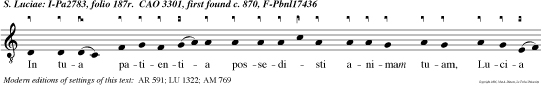 In tua patientia possedisti animam tuam, Lucia sponsa Chri sti odisti quae in mun do sun et coruscas cum angelis: sanguine pro prio inimicum vicisti.