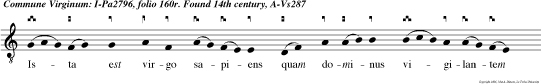 Ista est virgo sapiens quam dominus vigilantem invenit que accepta lam pade sum sit secum oleum et veniente domino introivit cum e o adnuptias alleluya