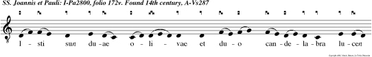 Isti sun duae olivae et duo candelabra lucen tia ante Dominum haben potestatem claudere coelum nubibus et aperire portas ejus, quia linguae eorum claves coeli factae sun alleluia.