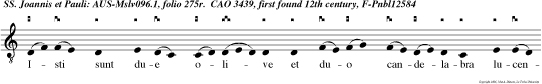 Isti sunt due olive et duo candelabra lucencia ante dominum habent potestatem claudere celum nubibus et aperire portas eius quia lingue eorum claves celi facte sunt alleluya.