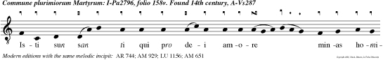 Isti sun san ti qui pro dei amore
minas hominum con tempserun san ti mar tyres in
regno celorum exsul tant cum angelis o  quam
pretiosa est mors san torum qui assidue assistun
ante dominum et ab invi  cem non sun
separati.