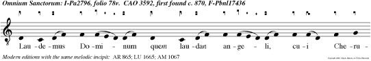Laudemus Dominum quem laudan angeli, cui Cherubim et Seraphim: San tus San tus San tus pro claman