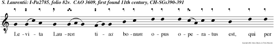 Levita Lauren tius bonum opus operatus est, qui per signum crucis caecos illuminavit et thesauros Ecclesiae dedit pauperibus.