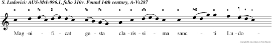 Magnificat gesta clarissima sancti Ludovici divino cultui devotum hodie pre sens collegium cui us sancta conscendit anima sub fine felici regni perpetuicum sanctus patrie sublime so     lum.