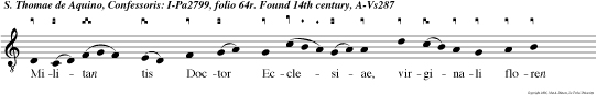 Militan tis Doctor Ecclesiae, virginali floren mun ditia, triumphan tis optata curiae, san te Thoma, lar gire gaudia.