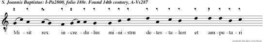 Misit rex incredulus ministru detestalem et amputari jussit  caput johan nis baptiste. e u o u a e.