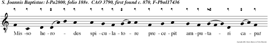 Misso herodes spiculatore precepit amputari caput johan nis in car cere qou audito discipuli eius venerun et tulerun corpus eius et posu erun illud monumen to Benedic tus e u o u a e.