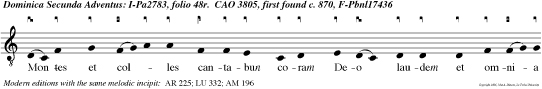 Montes et colles cantabun coram Deo laudem et omnia ligna silvarum plauden manibus quoniam veniet Dominus Dominator in regnum aeternum alleluia alleluia.