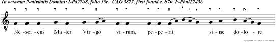 Nesciens Mater Virgo virum, peperit sine dolore Salvatorem saeculorum ipsum Regem angelorum sola Virgo lactabat, ubere de coelo pleno.