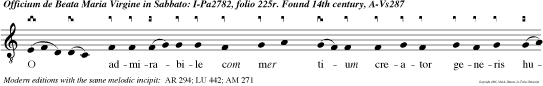 O admirabile com mer tium creator
generis humani animatum corpus sumen de virgine
nasci dignatus est et proceden homo sine semine
lar gitus est nobis suam dei ta tem Al      ma
redem toris ma ter que pervia celi por ta ma nes
et stella maris succurre cadenti surgere qui curat
populo tu que genuisti natura miran te tuum san
tum genitorem vir go prius ac posterius gabrielis
ab o re sumen illud ave peccatorum miserere.
magnificat e u o u a e.