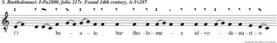 O   beate bar tholomee idvodenario
numero medius apostolo ubu fidei cor dib naris
recode impetra passionum remedia spinas euelle
pec catorum illimina me tis nos tre tene bras ut
attigere mereamur gaudia beatorum
mag.