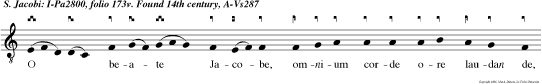 O beate Jacobe, omnium corde ore laudan de, o patrone singularis amabilis, intercede pro nobis ad Dominum