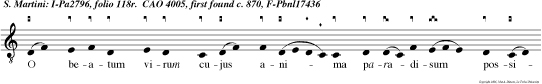O beatum virum cujus anima paradisum possidet unde exsul tant angeli, laetantur archangeli, chorus san torum pro clamat, turba virginum invitat: Mane nobiscu in aeternum