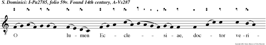 O lumen Ecclesiae, doctor veritatis, rosa pa tientiae, ebur castitatis, aquam sapientiae pro  pinasti gratis: prae dicator  gratiae, nos junge beatis.