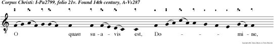 O quam suavis est, Domine, spiritus tuus, qui ut dulcedinem tuam in filios demon strares, pane suavissimo de coelo praestito, esurientes reples bonis, fastidiosos di vites dimitten inanes.